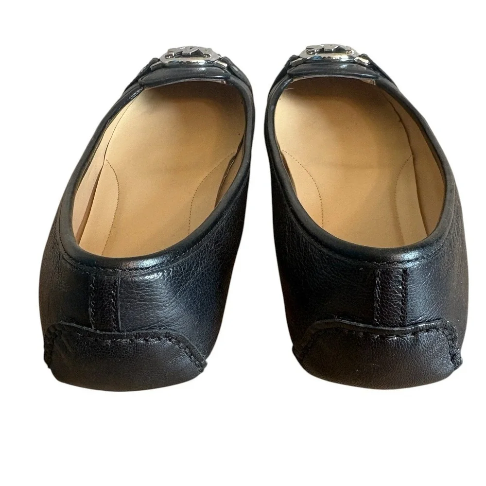 Michael Kors Fulton Moc Black Pebbled Leather Ballet Flats Silver MK Logo‎ Shoes